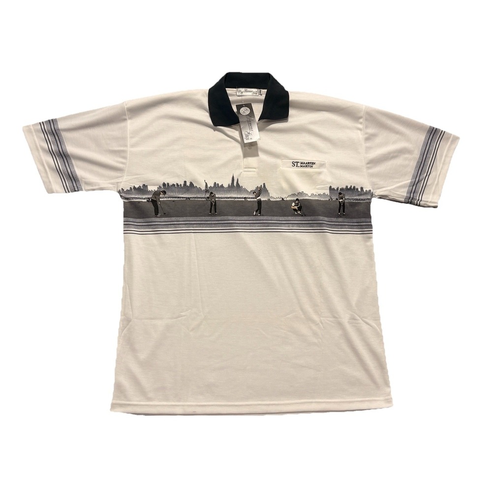 Vintage Golf Polo Shirt 2XL St Martin All Over Print Pocket Contrast Polo‎ NEW